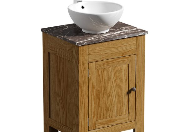 The Bath Co. Chester oak washstand with brown marble top and Eden basin